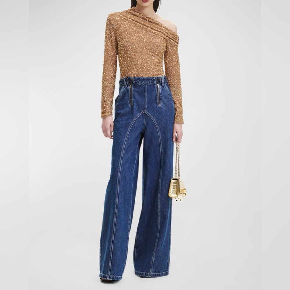 Self-Portrait Wide-Leg Stitched High-Rise Denim Jeans 26 - Picture 3 of 16